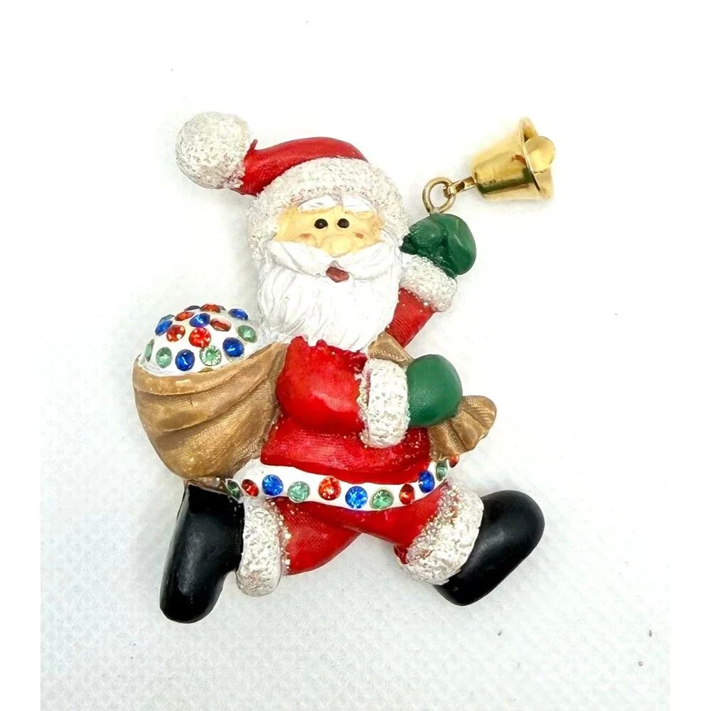 Vintage Pin Brooch Santa Claus w Bag of Presents & Rhinestones & Bell St. Nick